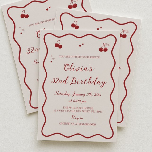 Dark Red Cherry Birthday Party Adult Invitation (Creator Uploaded)