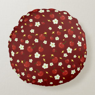 Dark Red Cherry Pattern Round Cushion