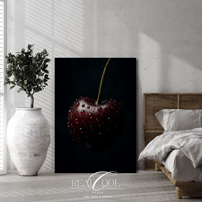 Dark Red Cherry with Dew Drops on Black Canvas Print (Creator Uploaded)