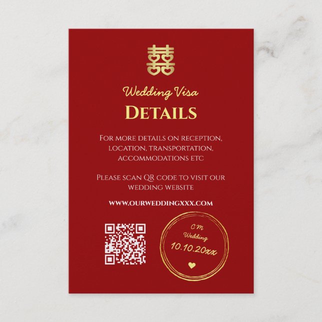 Dark red chinese wedding entry visa details enclosure card (Front)