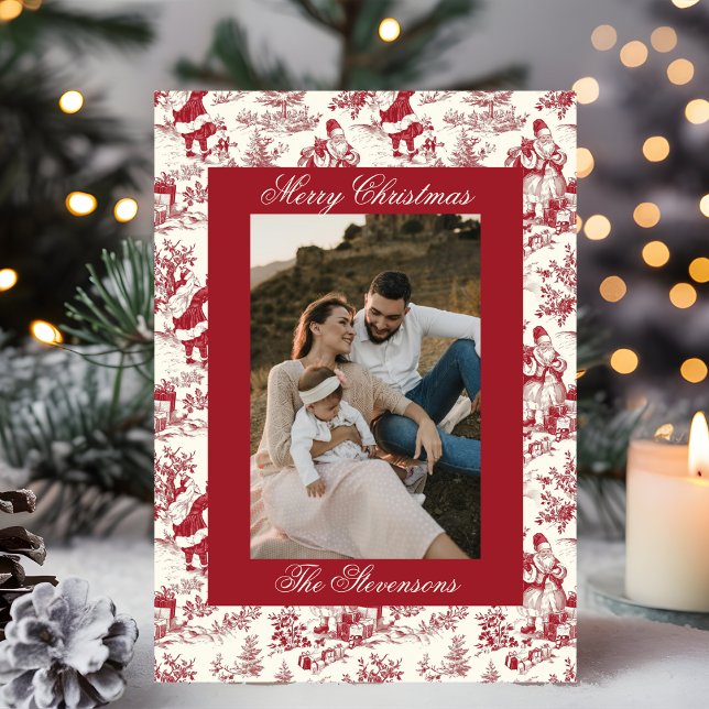 Dark Red Chinoiserie Toile De Jouy Photo Christmas Holiday Card (Creator Uploaded)