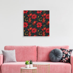 Dark Red Christmas Floral Pattern Canvas Print