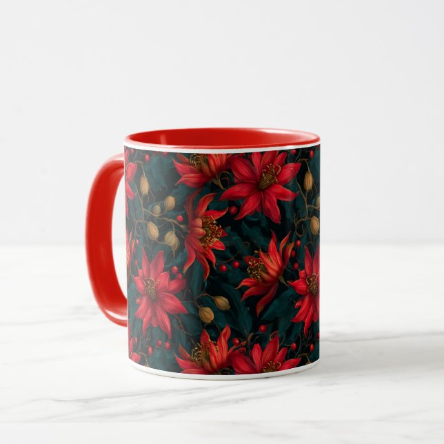 Dark Red Christmas Floral Pattern Mug (Front Left)