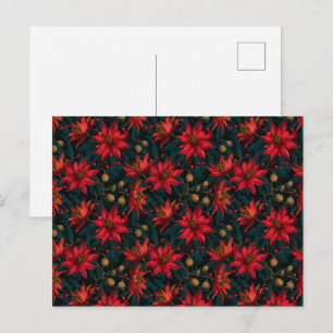 Dark Red Christmas Floral Pattern Postcard