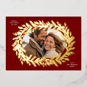 Dark red christmas pine wreath flat photo Gold Foil Holiday Card