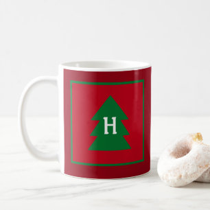 Dark Red Christmas Tree Custom Initial Elegant Coffee Mug