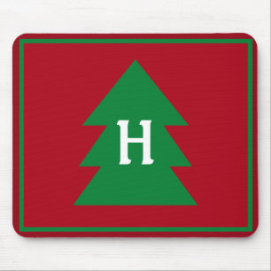 Dark Red Christmas Tree Custom Initial Elegant Mouse Mat