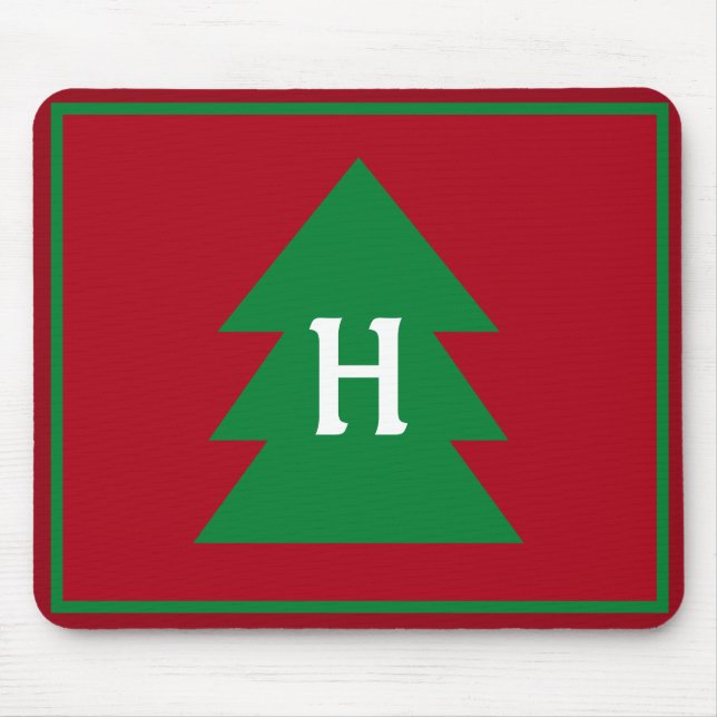 Dark Red Christmas Tree Custom Initial Elegant Mouse Mat (Front)