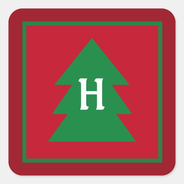 Dark Red Christmas Tree Custom Initial Elegant Square Sticker (Front)