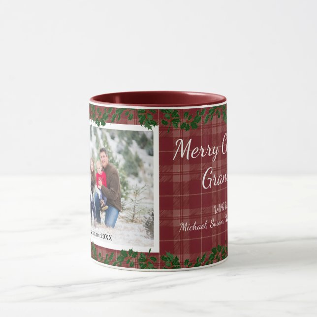 Dark Red Country Christmas Plaid Holiday Photo Mug (Center)