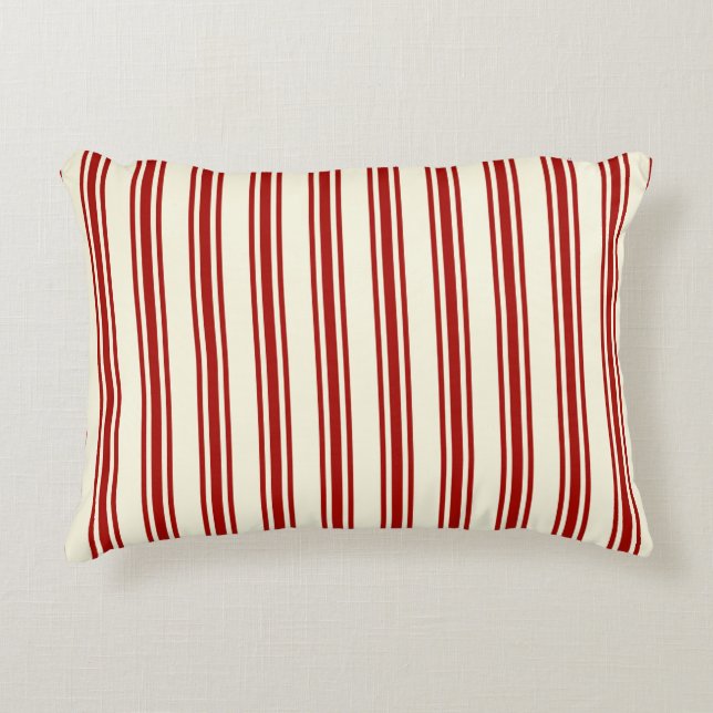 Dark Red & Cream Ticking Stripes Pattern Decorative Cushion (Front)