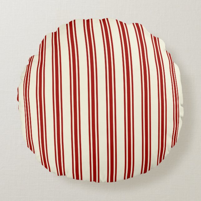 Dark Red & Cream Ticking Stripes Pattern Round Cushion (Front)