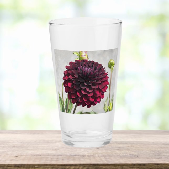 Dark Red Dahlia Bloom Floral Drinking Glass (In Situ)