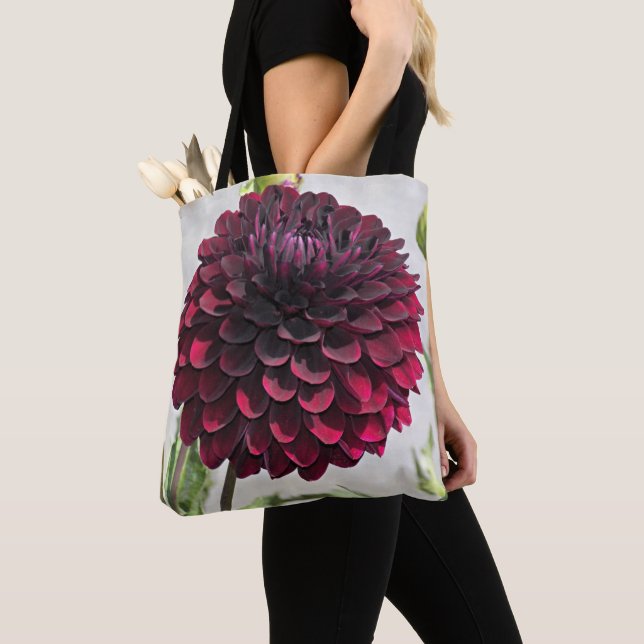 Dark Red Dahlia Bloom Floral Tote Bag (Close Up)