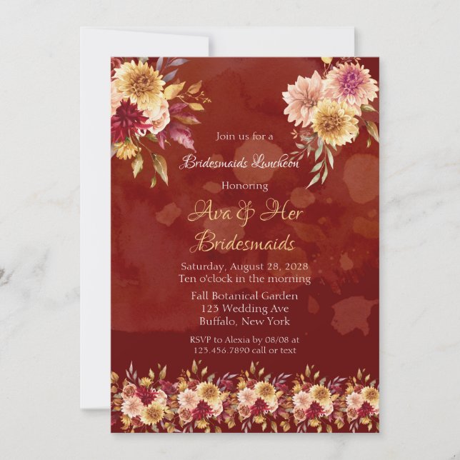 Dark Red Dahlia Flowers Bridesmaids Luncheon Invitation (Front)