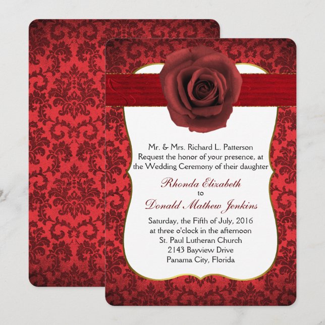 Dark Red Damask with Rose Wedding Invitation (Front/Back)