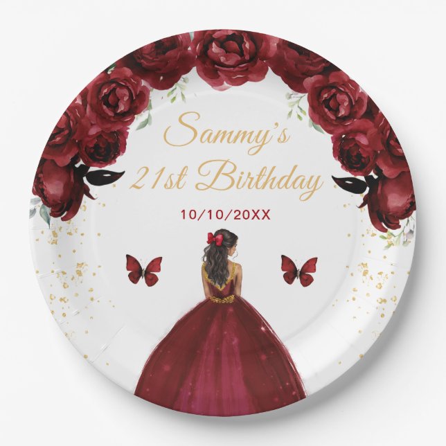 Dark Red Dark Skin Princess Birthday Party Paper Plate (Front)