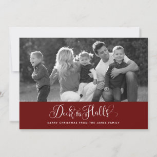 Dark Red Deck The Halls Christmas Photo Cards