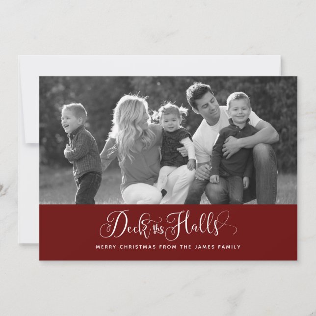 Dark Red Deck The Halls Christmas Photo Cards (Front)