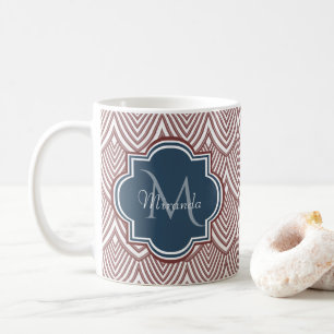 Dark Red Deco Scallops Navy Blue Monogram Name Coffee Mug