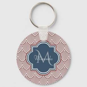 Dark Red Deco Scallops Navy Blue Monogram Name Key Ring