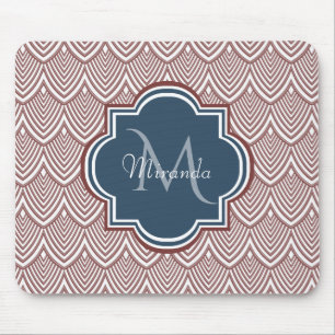 Dark Red Deco Scallops Navy Blue Monogram Name Mouse Mat