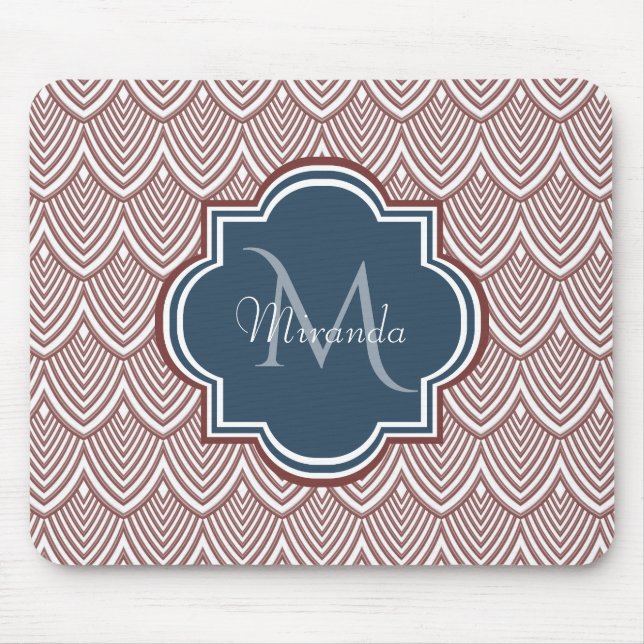 Dark Red Deco Scallops Navy Blue Monogram Name Mouse Mat (Front)