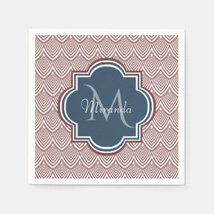 Dark Red Deco Scallops Navy Blue Monogram Name Napkin