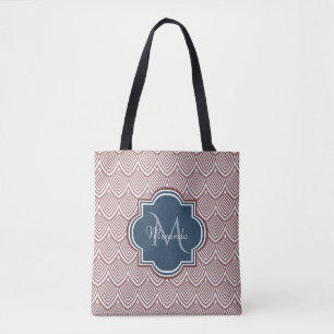 Dark Red Deco Scallops Navy Blue Monogram Name Tote Bag