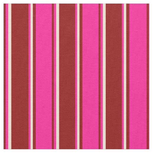 Dark Red, Deep Pink & Beige Coloured Lines Pattern Fabric (Close Up)