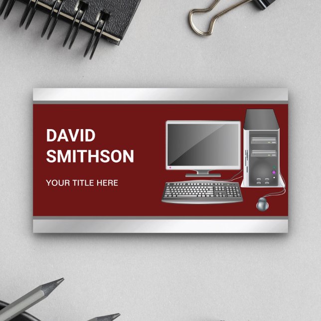 Dark Red Desktop PC Computer Repair Technician Business Card (Creator Uploaded)