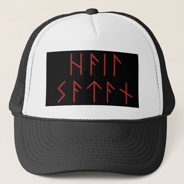 Dark Red Elder Futhark Hail Satan  Trucker Hat (Front)