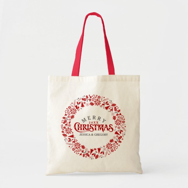Dark Red Elegant Christmas Text & Wreath Tote Bag (Front)