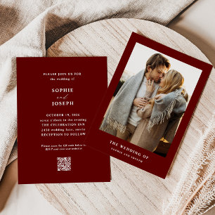Dark Red Elegant Text and Photo QR Code Wedding Invitation
