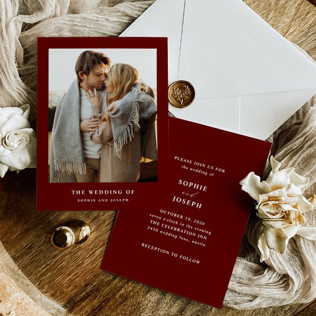 Dark Red Elegant Text and Photo | Wedding Invitation (Creator Uploaded)