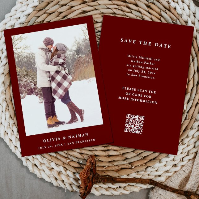 Dark Red Elegant Text and Photo | Wedding QR Code Save The Date (Creator Uploaded)