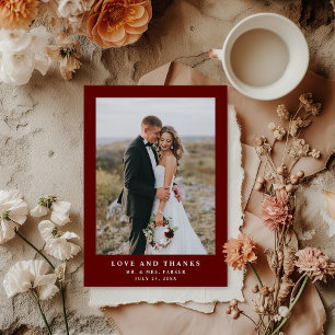 Dark Red Elegant Text and Photo   Wedding Thank You Card
