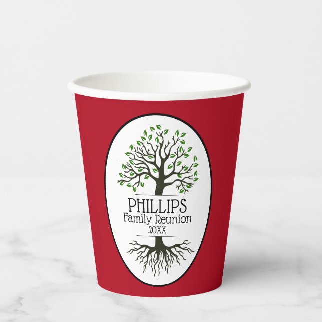 Dark Red Family Tree Family Reunion Paper Cups (Front)