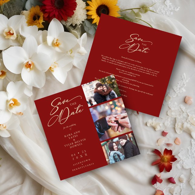 Dark Red Fancy Collage 3 Photos Couple Wedding Save The Date (Dark Red Fancy Collage 3 Photos Couple Wedding Engaged Save the Date. )