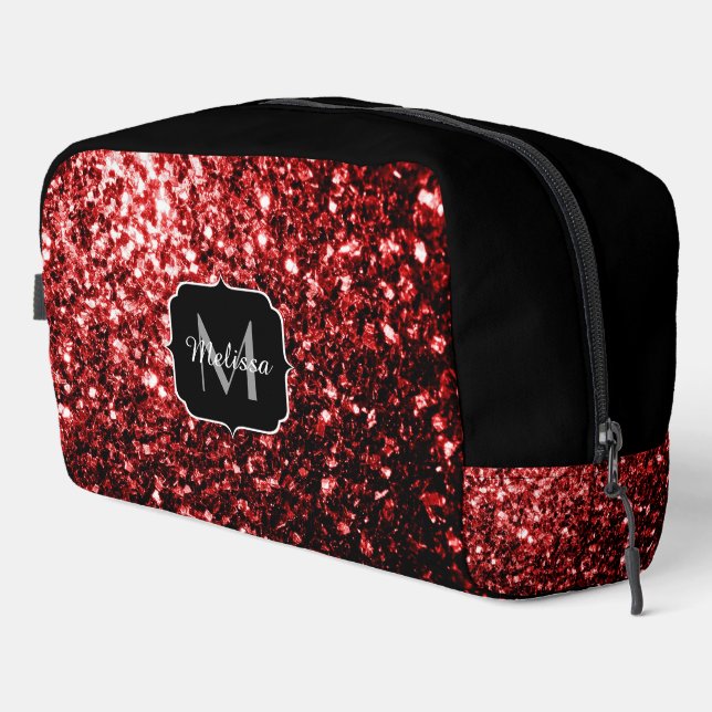 Dark red faux glitter sparkles black Monogram Dopp Kit (Right Corner)