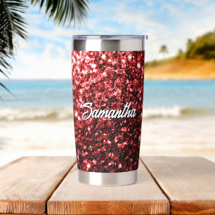 Dark red faux glitter sparkles Custom name Insulated Tumbler