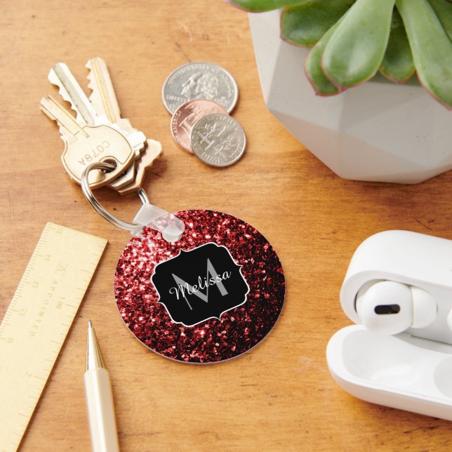 Dark Red faux Glitter sparkles Glamor Monogram Key Ring (Desk)
