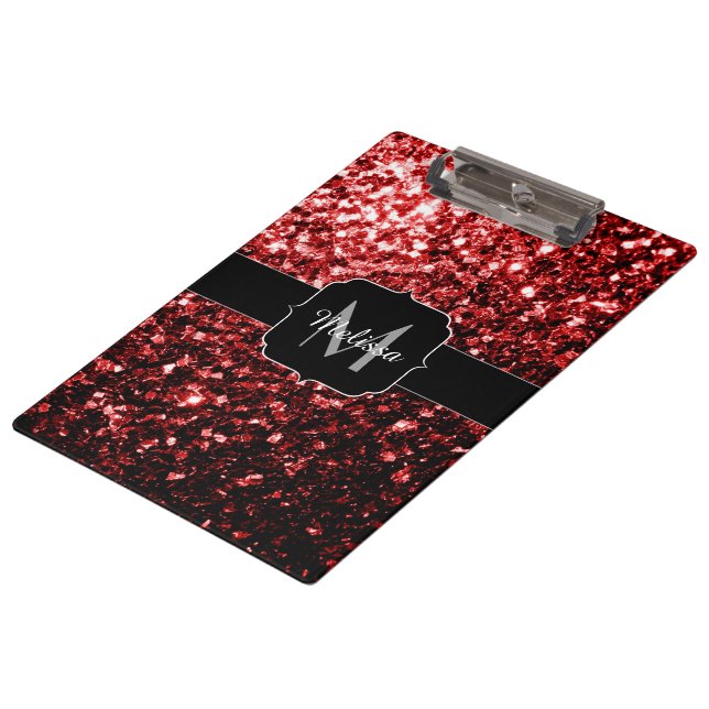 Dark Red faux Glitter sparkles Glamour Monogram Clipboard (Angled)
