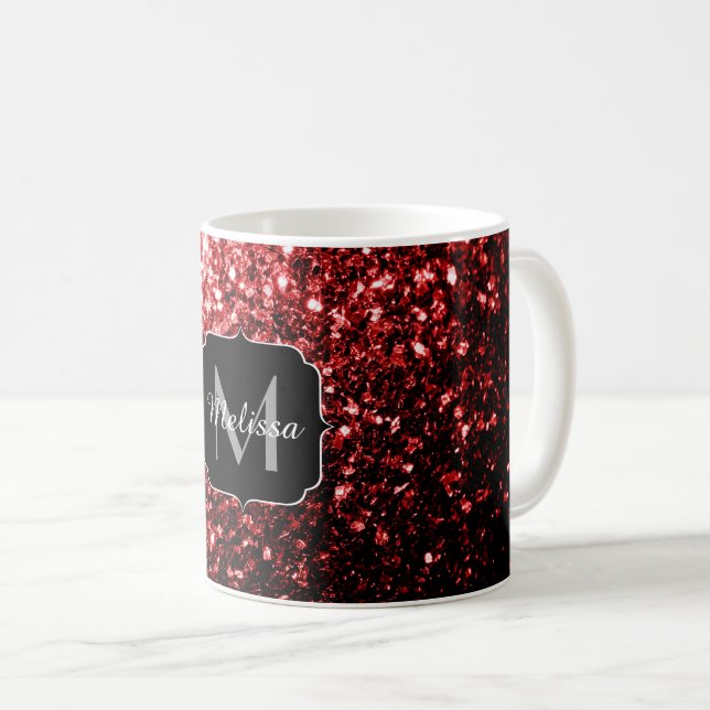 Dark Red faux Glitter sparkles Glamour Monogram Coffee Mug (Front Right)