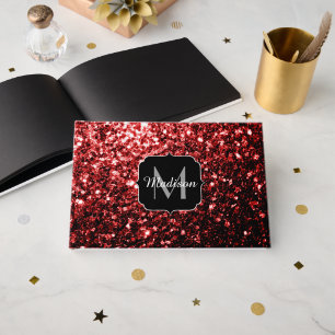 Dark Red faux Glitter sparkles Glamour Monogram Guest Book