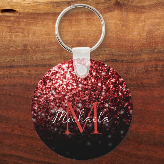Dark Red faux Glitter sparkles Glamour Monogram Key Ring (Front)