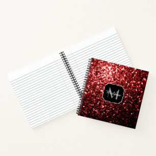Dark Red faux Glitter sparkles Glamour Monogram Notebook