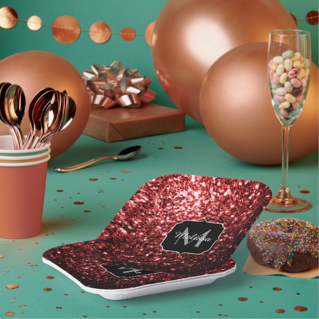 Dark Red faux Glitter sparkles Glamour Monogram Paper Plate (Multi)