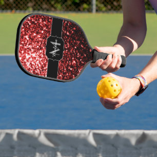 Dark Red faux Glitter sparkles Glamour Monogram Pickleball Paddle