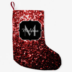 Dark Red faux Glitter sparkles Glamour Monogram Small Christmas Stocking